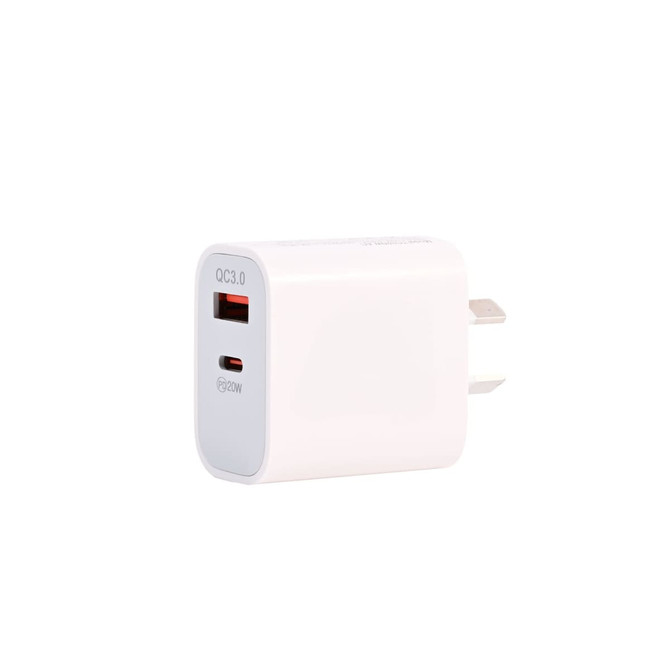 A white wall charger with a USB-C port and a plug for electrical outlets, featuring a small logo.