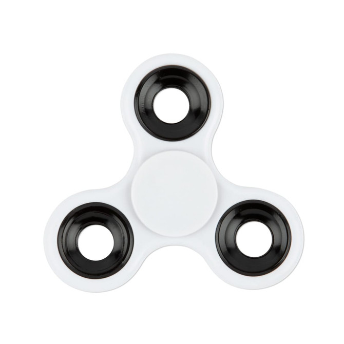 A fidget spinner with three arms, featuring a white body and black rings around each of the spinning sections.