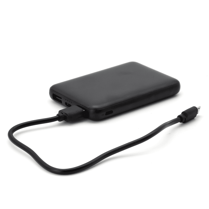 A black power bank with a USB cable attached, featuring a sleek design and a branding logo.