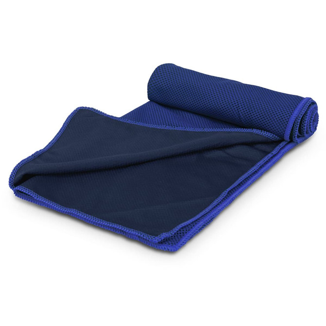 A navy blue cooling towel rolled and partially unrolled, featuring a textured design and a logo.