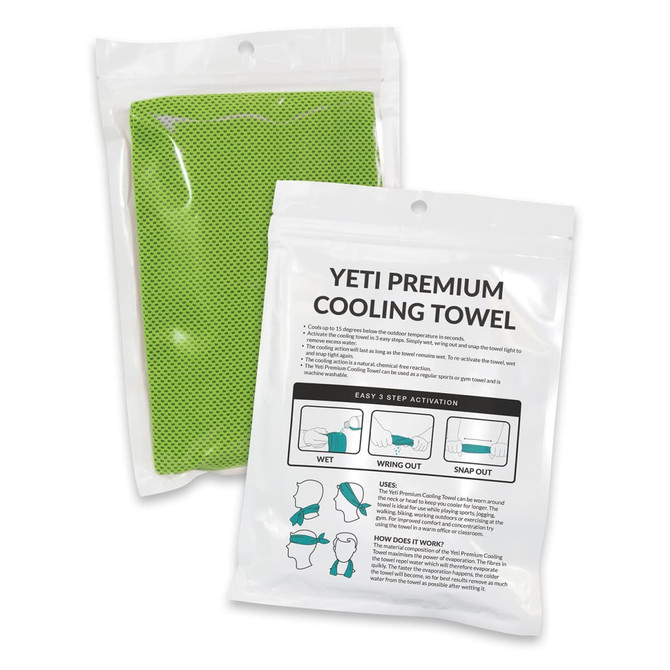 A green cooling towel in a pouch, featuring a logo, with instructions on how to activate the towel.