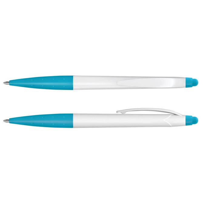 A stylus pen with a white barrel and turquoise accents, featuring a clip and a logo.