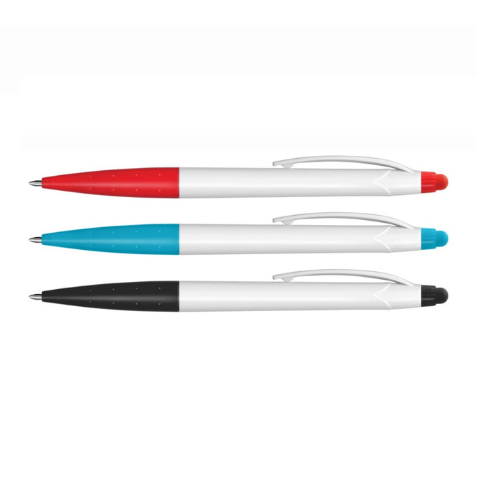 A set of three stylus pens with white barrels, featuring red, blue, and black ink colours. Each pen has a logo.