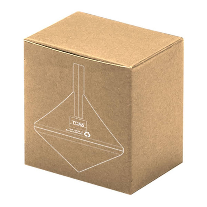 A brown cardboard box with a minimalist design and a hanging tag, featuring a logo.