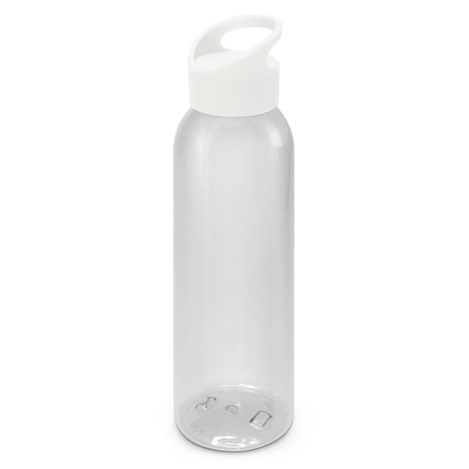 A drink bottle in clear plastic with a white lid and a built-in handle. The bottle features a smooth finish.
