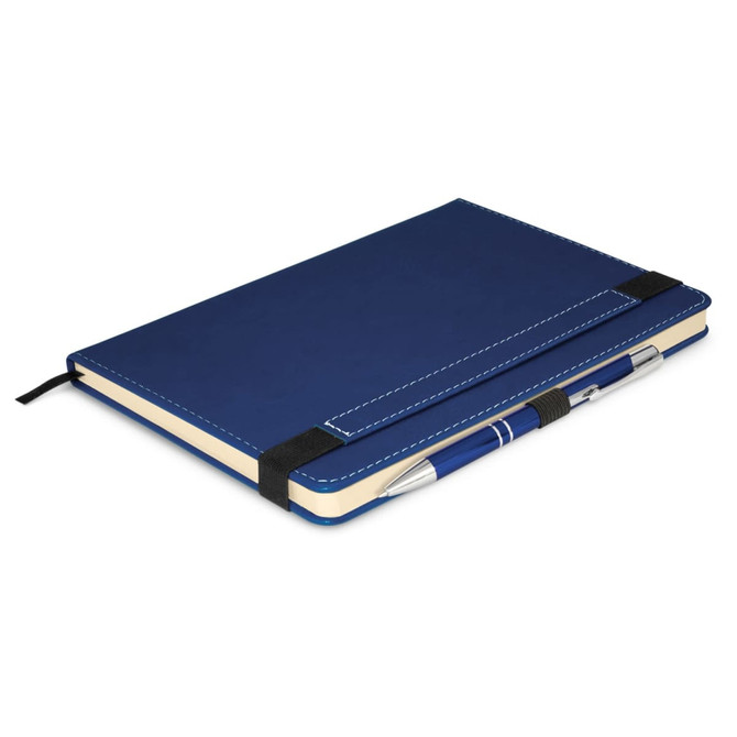 A navy notebook with a pen attached, featuring a textured cover and an elastic closure.