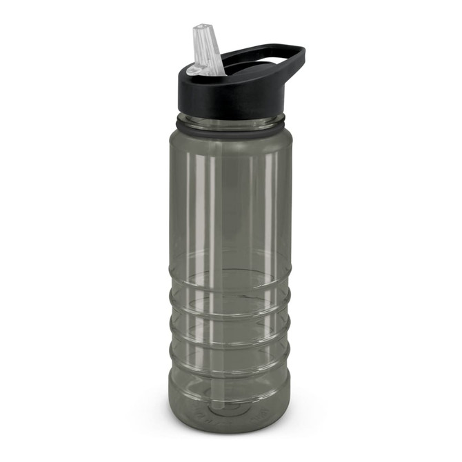 A drink bottle featuring a clear and black design, with a ribbed body and a straw top for easy access.