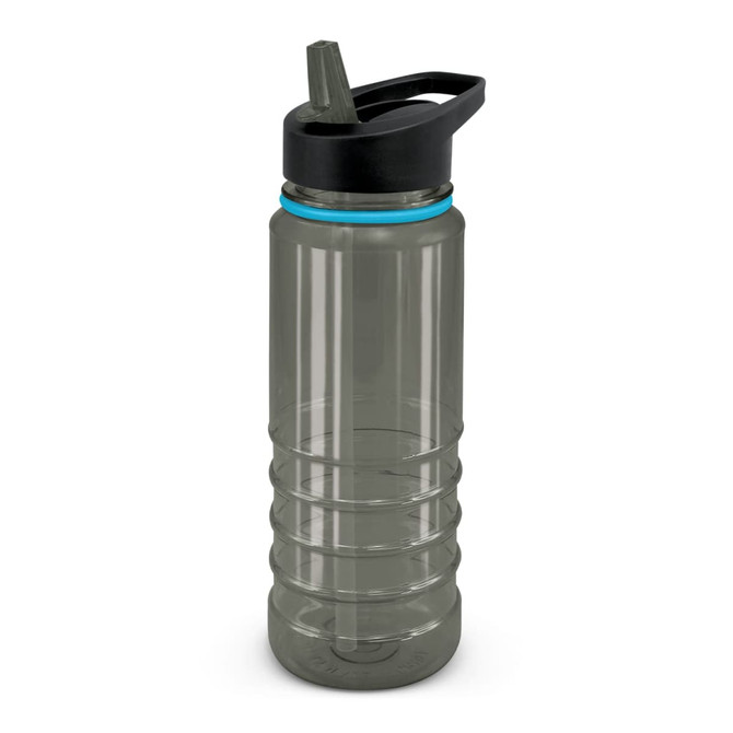 A drink bottle in clear grey with a black lid and a blue accent, featuring a spout and ridged design.