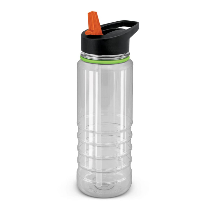 A drink bottle in clear plastic with a black lid and orange spout, featuring a green accent band.
