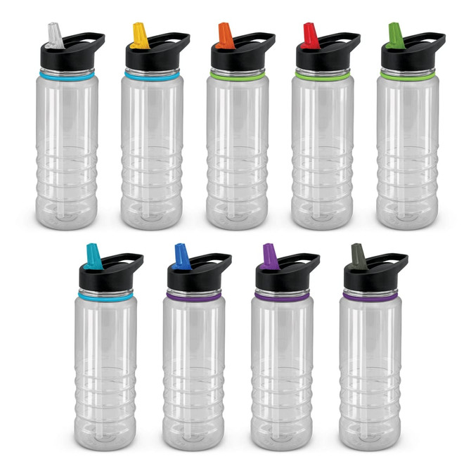 A drink bottle collection featuring clear plastic designs with black lids and various coloured spouts: blue, green, orange, red, and purple.