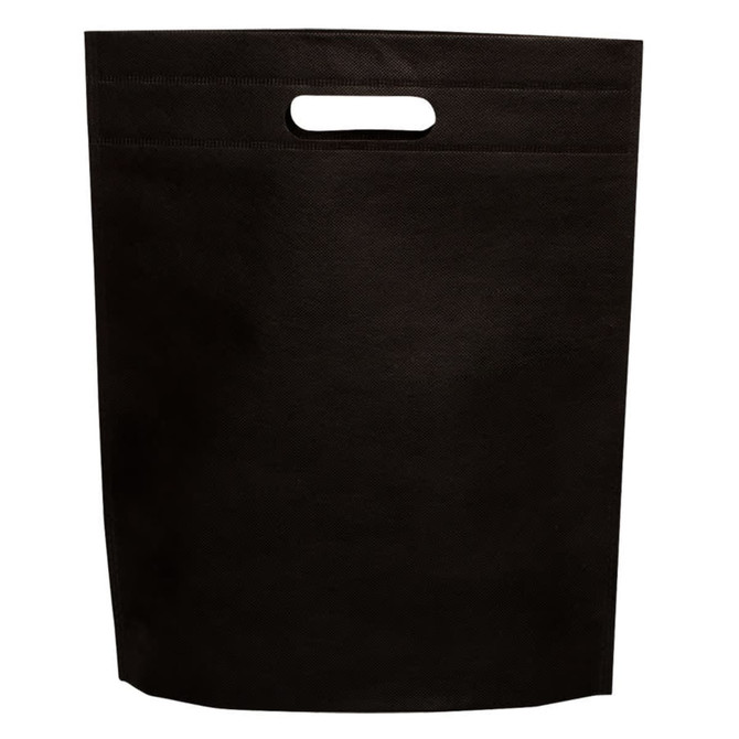 A black non-woven gift bag with a handle at the top and no visible branding.
