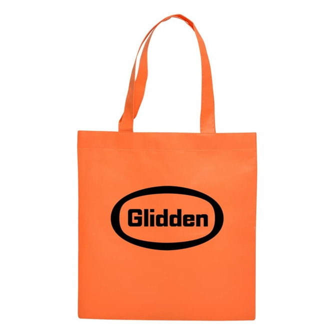 An orange shopping tote bag featuring black branding, with two sturdy handles for carrying.