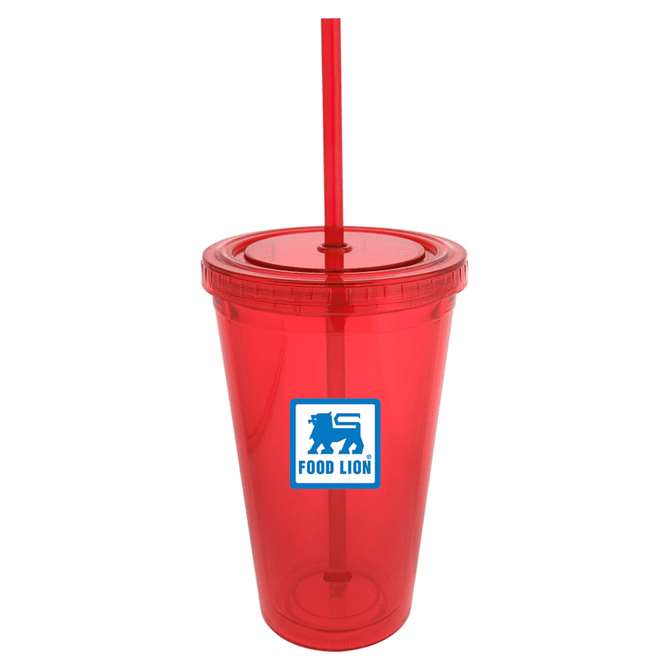 A drink bottle in red acrylic with a matching straw and a logo on the front.