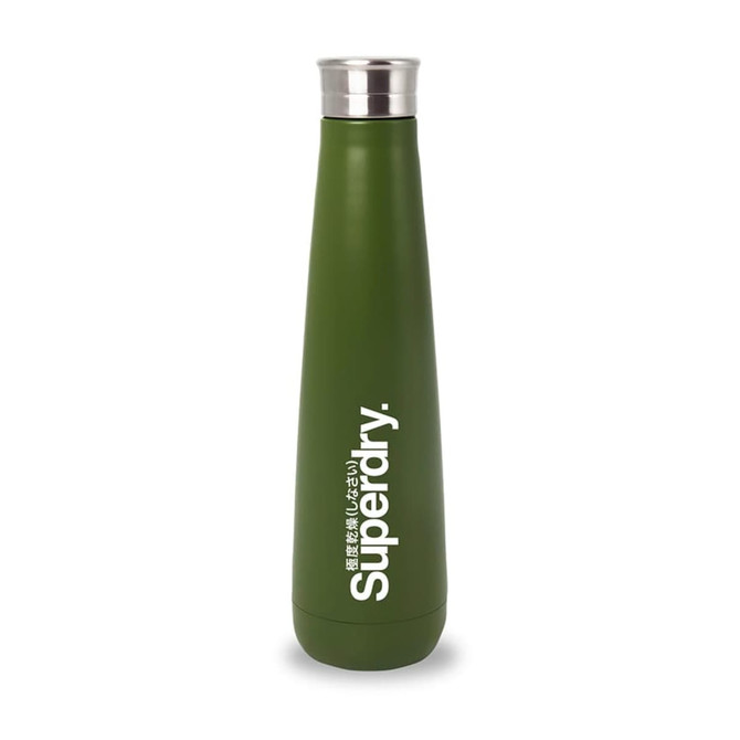 A drink bottle in green with a sleek design and a silver lid, featuring a logo. Holds 500ml.