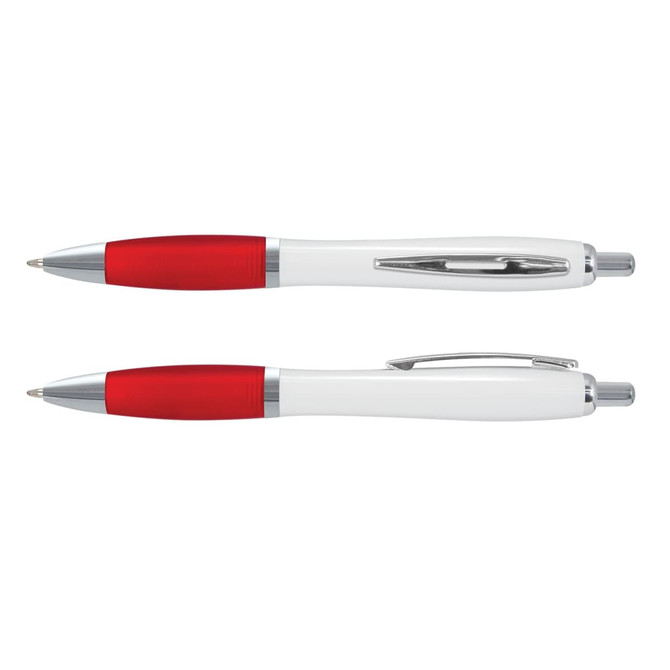 A plastic pen with a white barrel and red accents, featuring silver detailing and a logo.