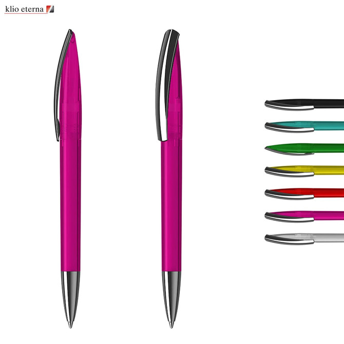A set of plastic pens in various colours, including pink, with silver accents and a branding logo visible.
