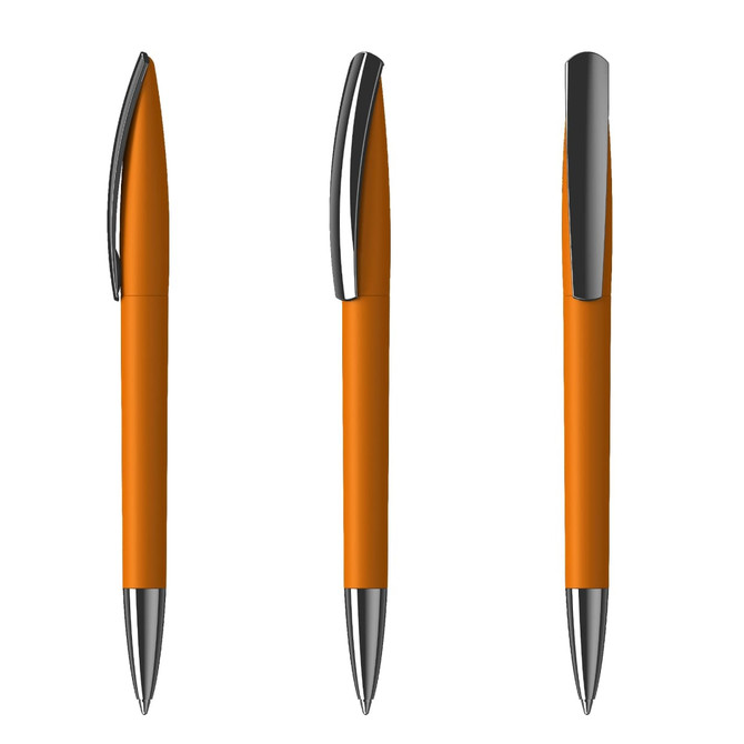 An orange plastic pen with a glossy silver clip and tip, displayed from three angles.