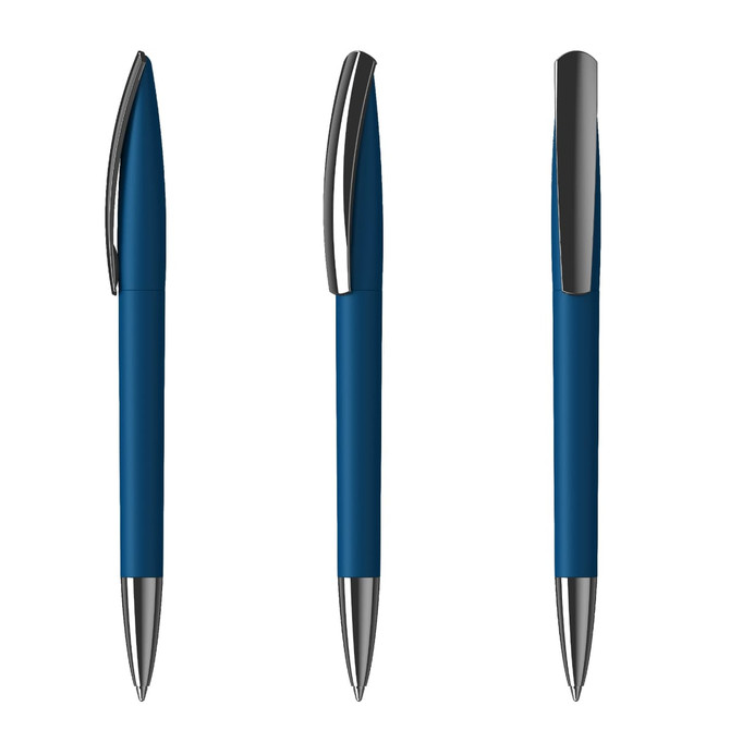 A plastic pen in a deep blue colour with a shiny silver clip and tip, featuring a branding logo.