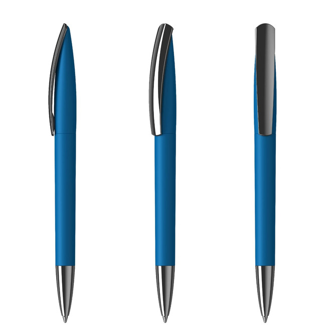 A blue plastic pen with a sleek design and silver accents, featuring a clip and a smooth finish.