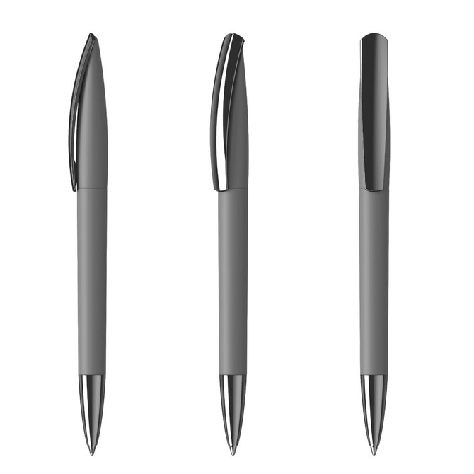 Three grey plastic pens with metallic tips and clips, featuring a sleek design and a logo on the barrel.