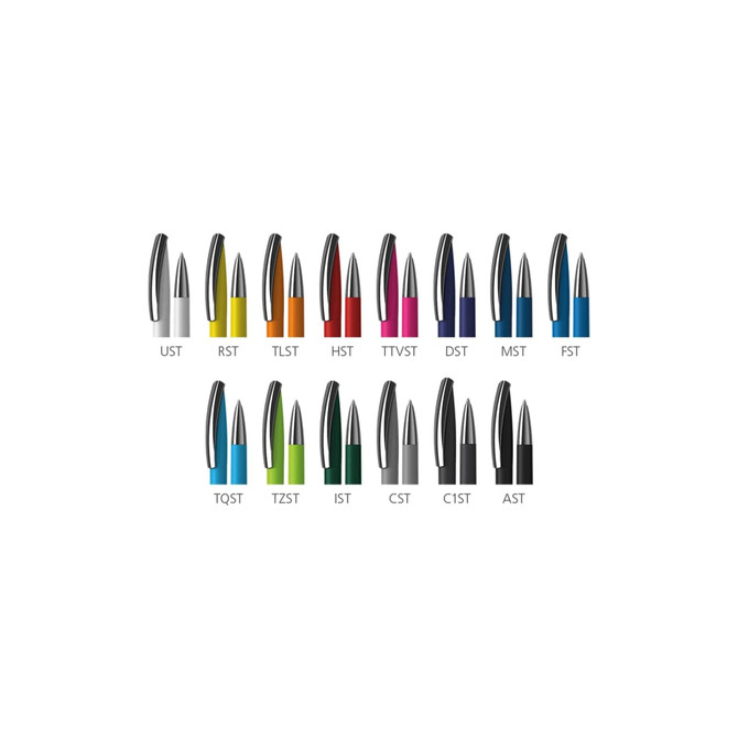 A collection of plastic pens in various colours, including white, yellow, blue, red, green, and black, with branded caps.