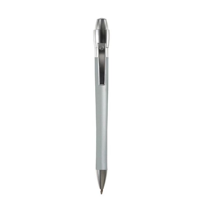 A silver metal pen with a sleek design and a clip, featuring a small logo at the top.