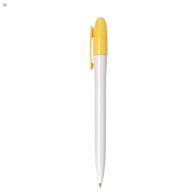 A plastic pen with a white body and a bright yellow cap, featuring a brand logo.