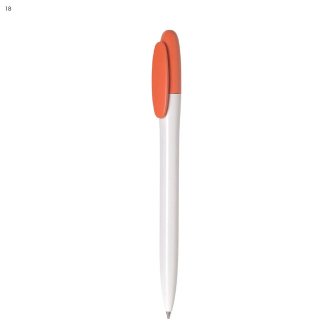 A white plastic pen with an orange clip and tip, featuring a logo on the side.