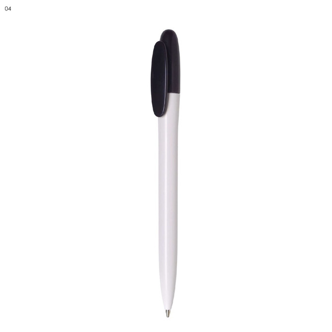 A plastic pen featuring a white body and a black cap. The pen includes a logo.