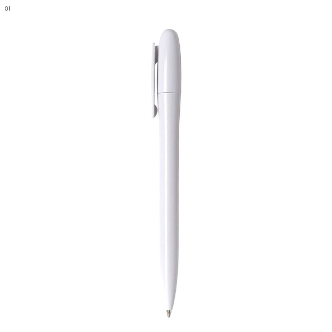 A white plastic pen with a sleek design and a clip, featuring a simple logo branding.