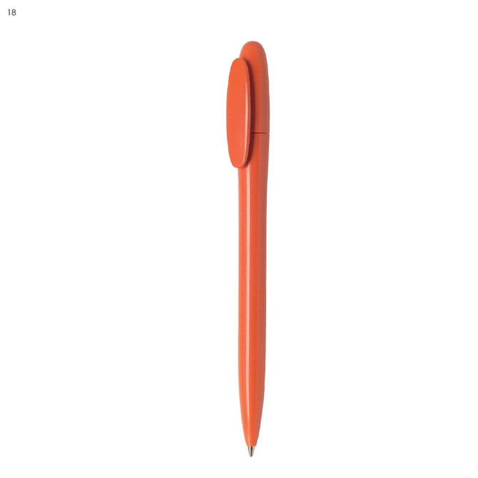 An orange plastic pen with a click mechanism and a smooth finish, featuring a rounded top and a branding logo.