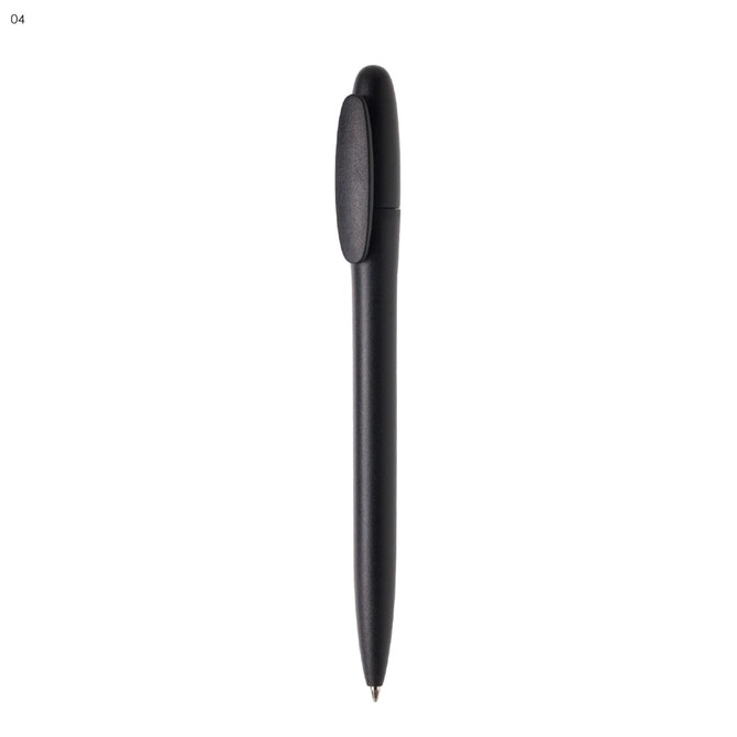 A black plastic pen with a sleek design and a click mechanism, featuring a simple logo.