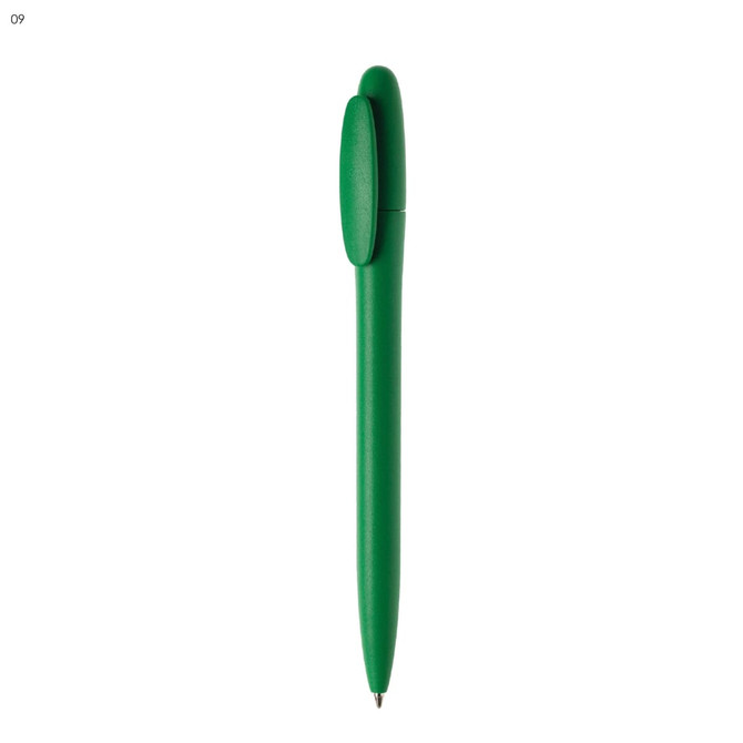 A plastic pen in vibrant green with a rounded cap and sleek design, featuring a logo on the side.