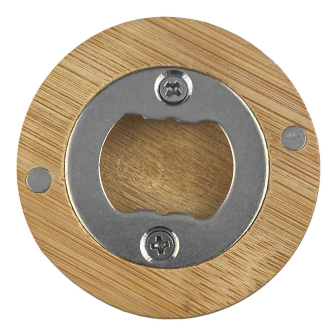 A drink bottle opener with a bamboo exterior and metal opener mechanism, featuring silver screws and a logo.