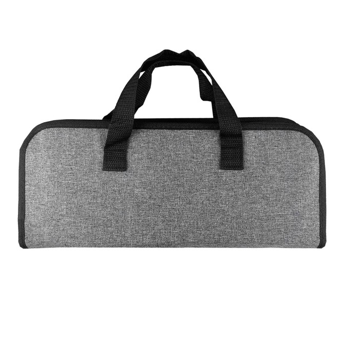 A grey BBQ tool bag with two black handles, featuring a textured fabric design and a simple structure.