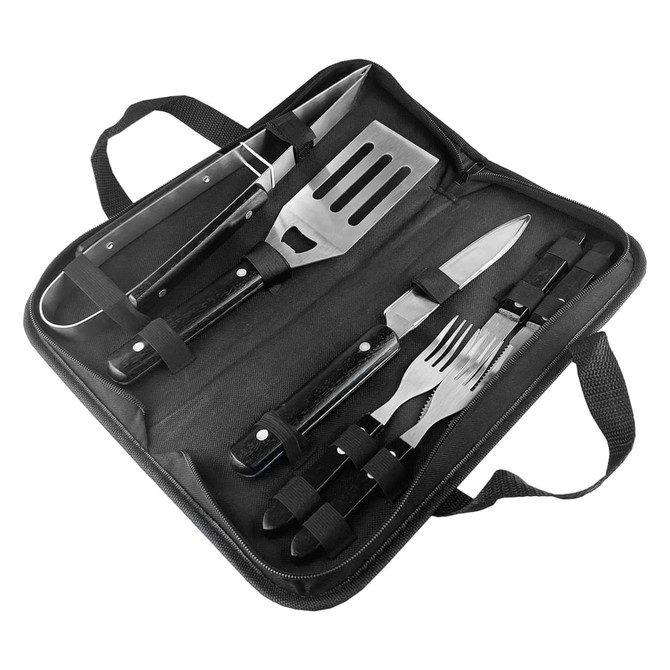 A BBQ set featuring stainless steel utensils, including a spatula, tongs, knife, fork, and a durable black carrying case.
