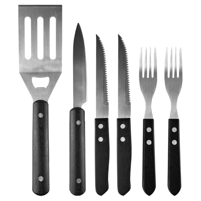 A black-handled BBQ set including a spatula, knife, serrated knife, and two forks, all with stainless steel blades.