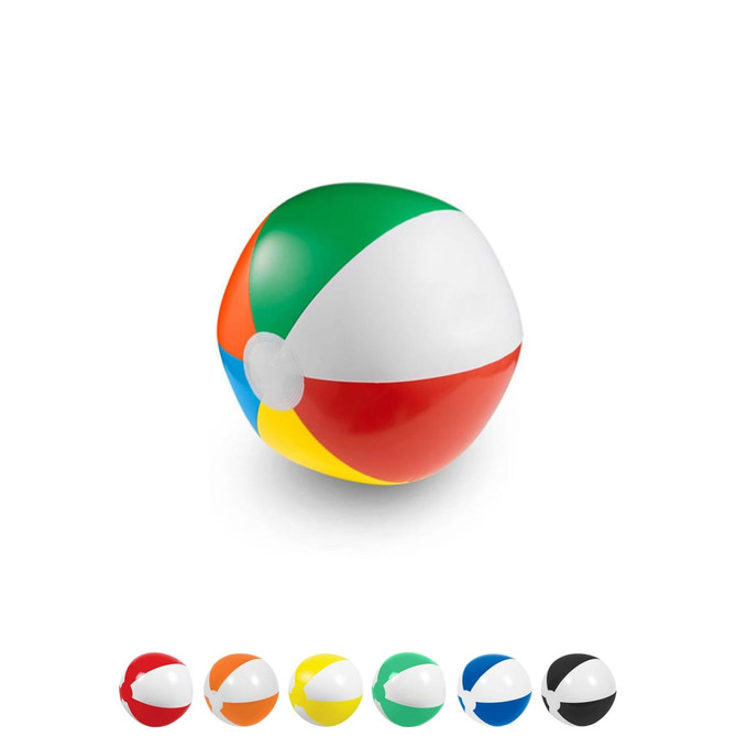 A multi-coloured beach ball featuring red, green, yellow, blue, and white panels. Includes a logo.