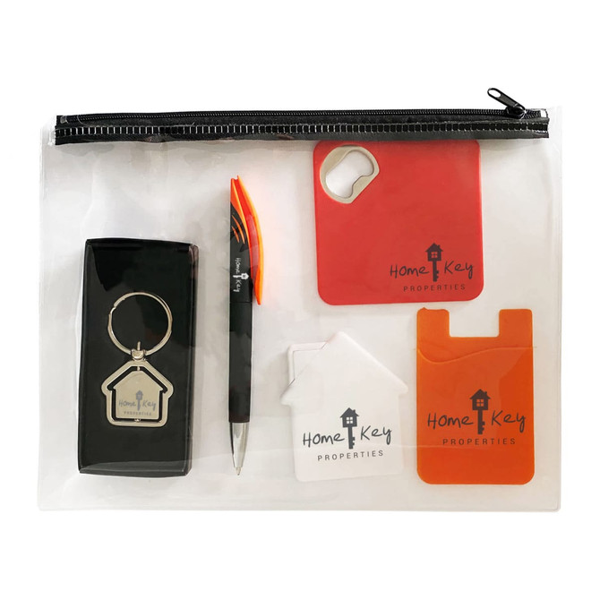 A zippered clear pouch containing a drink bottle, pen, keyring, and two coasters in orange and white.