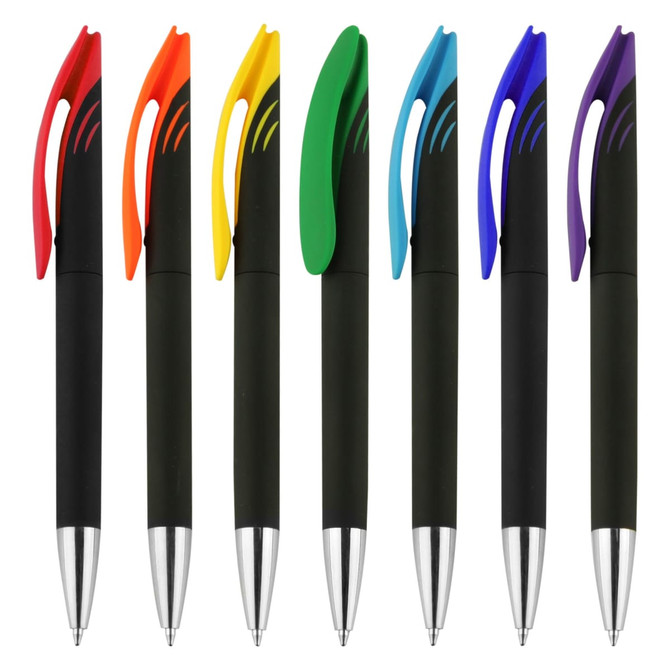 A set of eight black pens with coloured grips in red, orange, yellow, green, blue, and purple. Each pen features a silver clip.