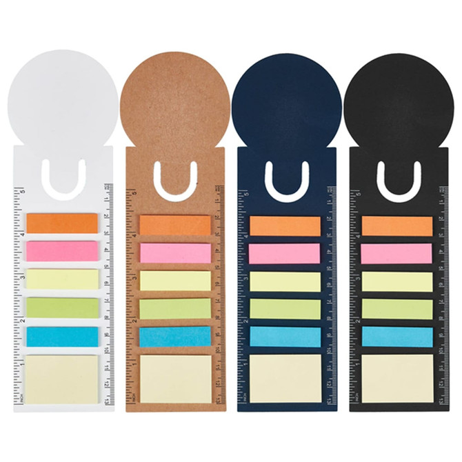 A set of four bookmark-style sticky note pads in white, kraft, navy, and black, each with various coloured notes.