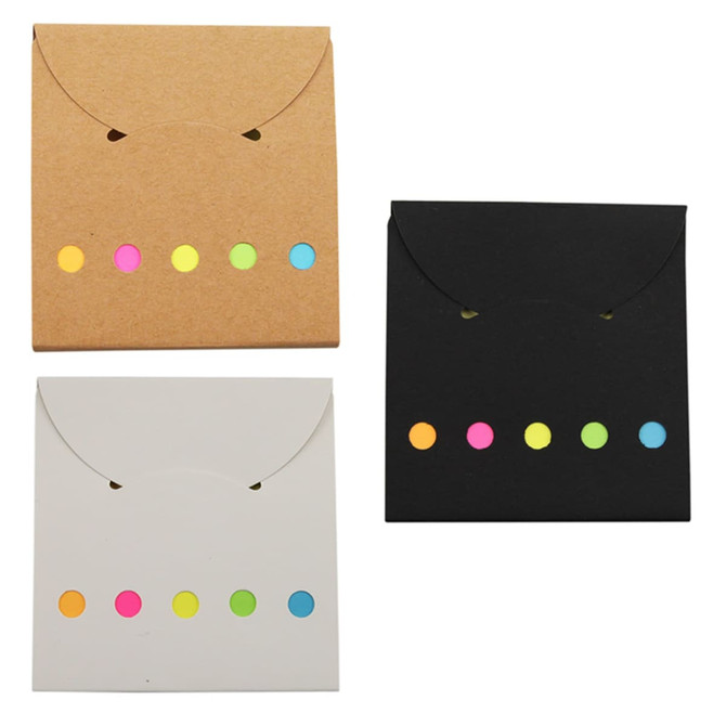 A set of three eco-friendly gift boxes in brown, black, and white, each featuring colourful round stickers.