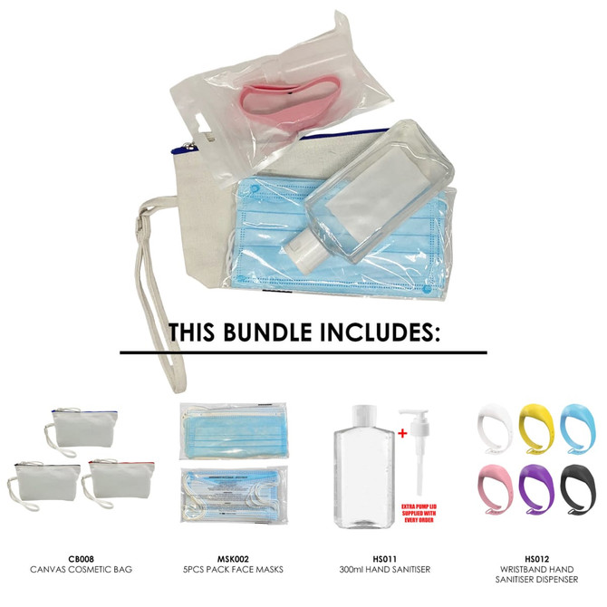 A canvas cosmetic bag containing a transparent bottle, face masks, hand sanitiser, and wristband sanitiser dispensers in various colours.