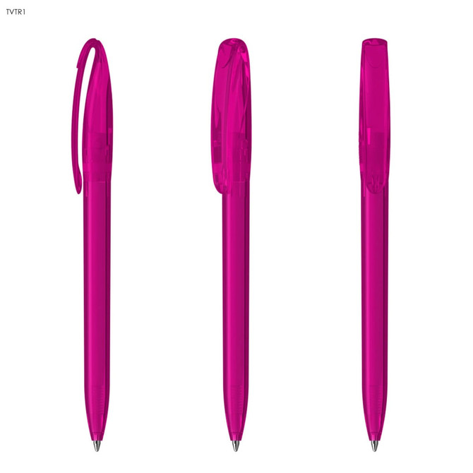 A set of three transparent pink plastic pens with caps, featuring a logo on each pen.