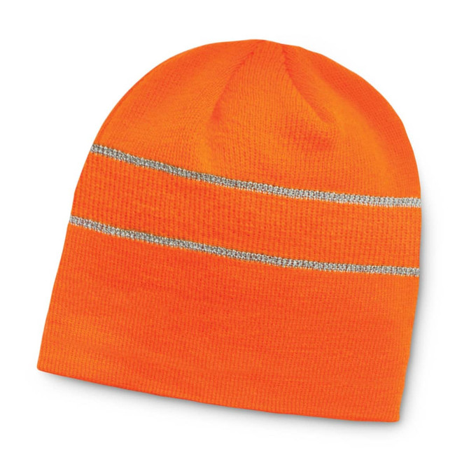 An orange beanie featuring reflective stripes and a logo. The beanie is knitted and has a snug fit.