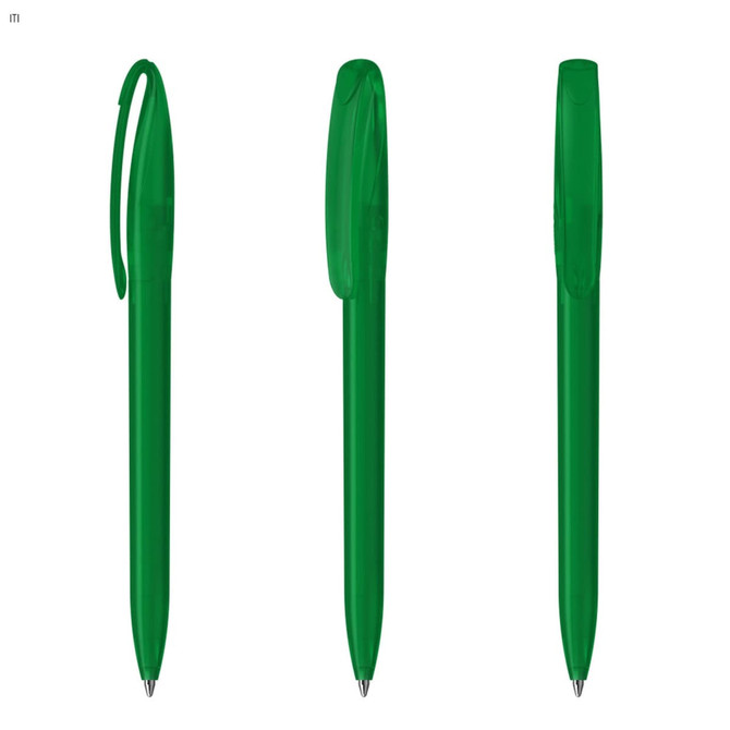 A set of green plastic pens with a simple design and a clip on each pen. The pens have a glossy finish.