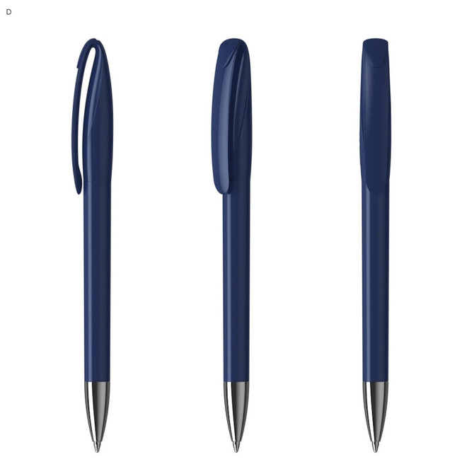 A blue plastic pen with a clip, featuring a smooth design and metallic tip, shown from multiple angles.