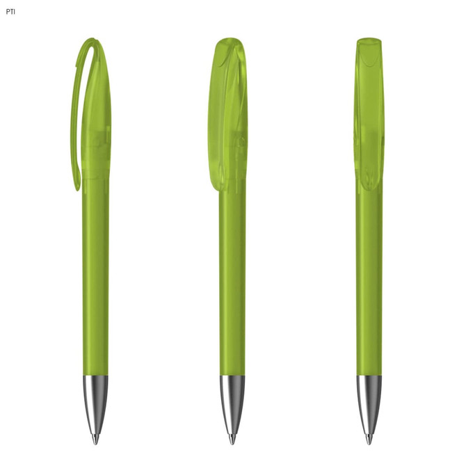 A set of green plastic pens with transparent caps and silver nibs, featuring a logo on each pen.