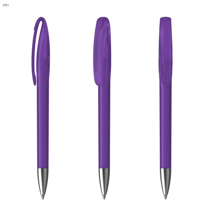 A set of three purple plastic pens with a shiny silver tip and retractable design, featuring a branding logo.