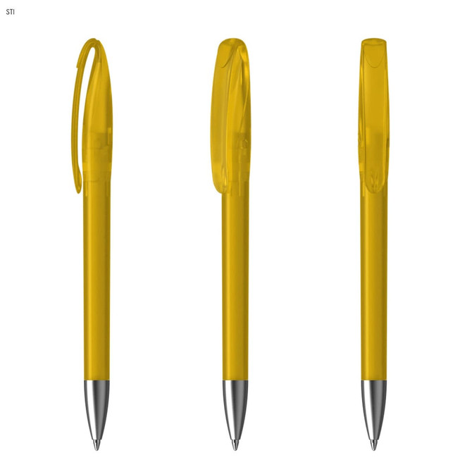 Three yellow plastic pens with silver accents and transparent caps, featuring a simple design and a visible logo.